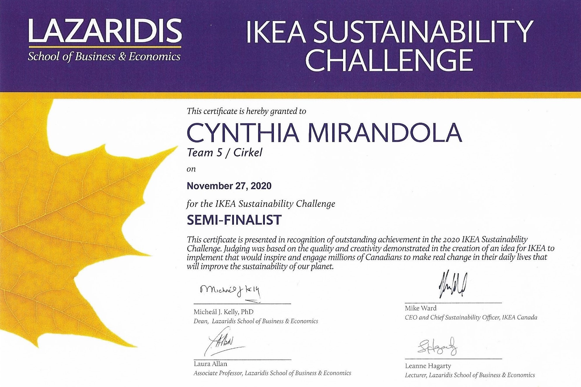 Ikea sustainability challange semi-finalist certificate